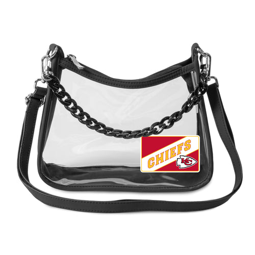 Kansas City Chiefs Mia clear purse by Logo Brands showing a transparent bag with Chiefs logo and team colors.