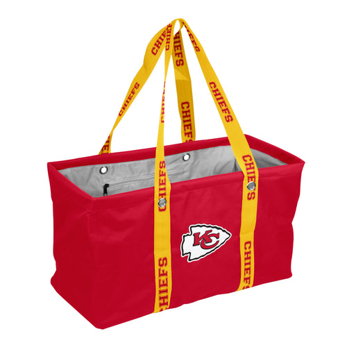 Kansas City Chiefs picnic caddy by Logo Brands with a durable shoulder strap, featuring team logo and multiple compartments for snacks.