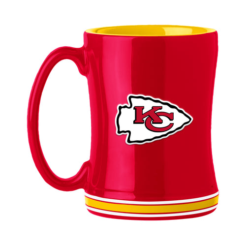 Kansas City Chiefs 14oz relief mug by Logo Brands, featuring team logo and detailed design, perfect for football fans.