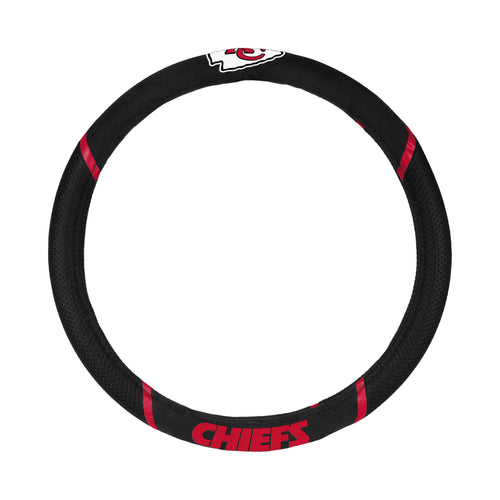Kansas City Chiefs NFL steering wheel cover by Logo Brands, featuring team logo and durable auto cover material.