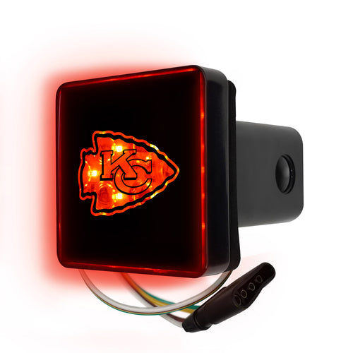 Lighted Kansas City Chiefs hitch cover by Logo Brands featuring team logo and LED lighting for vehicle decoration