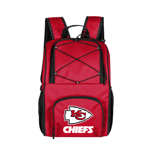 Kansas City Chiefs 24 Can Flex Backpack Cooler by Logo Brands, black cooler with team logo and adjustable shoulder straps.