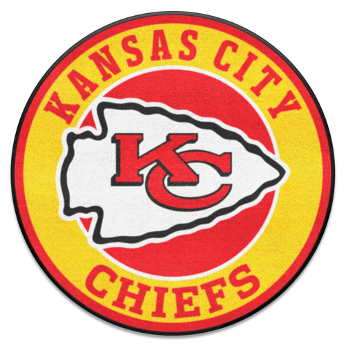 Kansas City Chiefs roundel mat with NFL logo, durable floor mat featuring team colors and logo from Logo Brands.