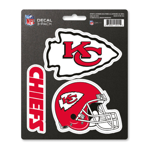 Set of three Kansas City Chiefs decals featuring team logo designs, perfect for decorating sports gear or accessories.