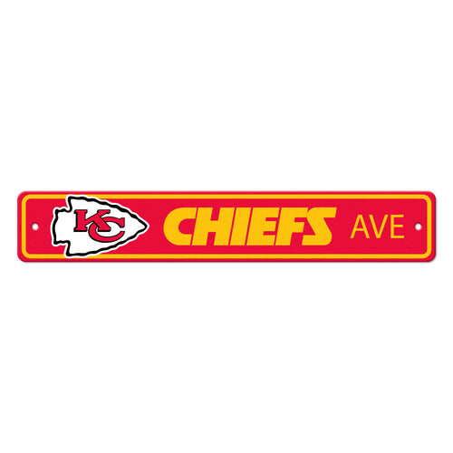 Kansas City Chiefs street sign for mancave decor, featuring logo branding and vibrant team colors, ideal for sports fans.
