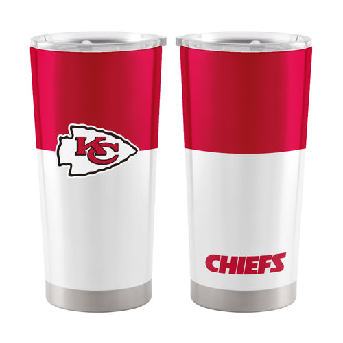 Kansas City Chiefs colorblock 20oz stainless steel tumbler featuring team logo and vibrant design, perfect for drinks on the go.