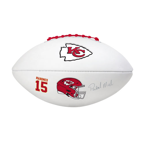 Full-size Kansas City Chiefs Patrick Mahomes autograph football with Logo Brands recreation design, featuring Mahomes' signature.
