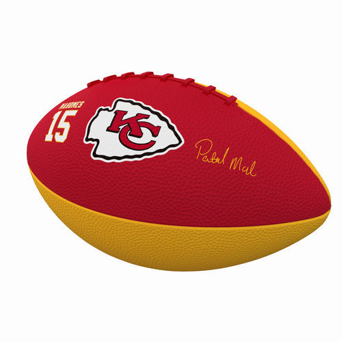 Mini rubber football featuring Kansas City Chiefs quarterback Patrick Mahomes, ideal for recreation and display.