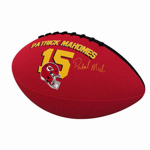 Mini rubber football featuring Patrick Mahomes from Kansas City Chiefs, by Logo Brands, in alternate size recreation style.