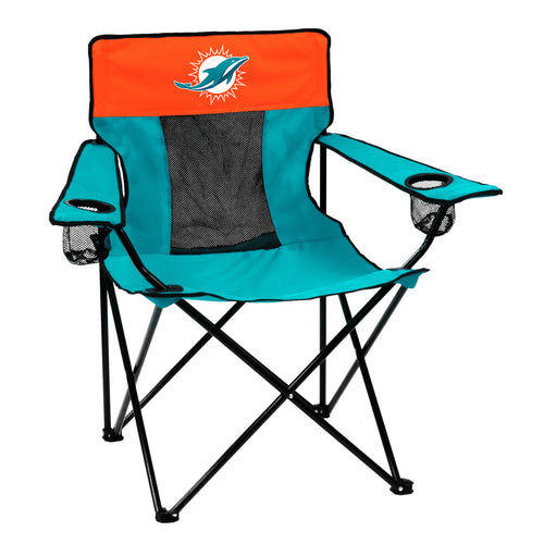 Miami Dolphins Elite chair with team logo, navy blue and teal furniture with comfortable armrests and sports branding.