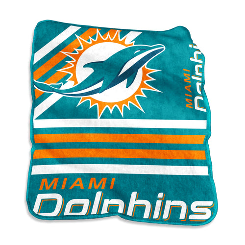 Miami Dolphins Raschel throw blanket by Logo Brands, soft and cozy with team logo and colors, perfect for fans.