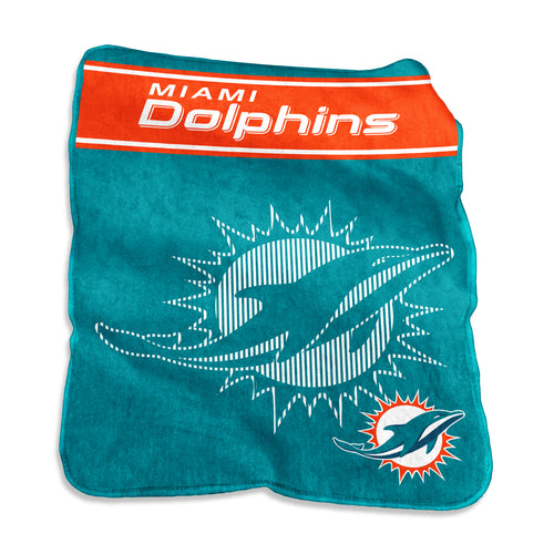 Miami Dolphins 60x80 Raschel throw blanket made by Logo Brands, featuring team logo and vibrant Dolphins colors.