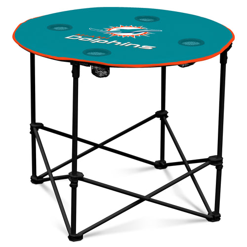 Miami Dolphins round table by Logo Brands, featuring team logo and vibrant colors, perfect for sports-themed furniture.