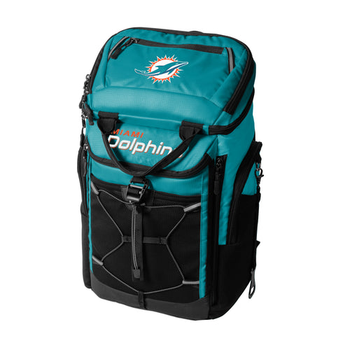 Miami Dolphins 26-can backpack cooler by Logo Brands, featuring team logo and adjustable straps for outdoor use.