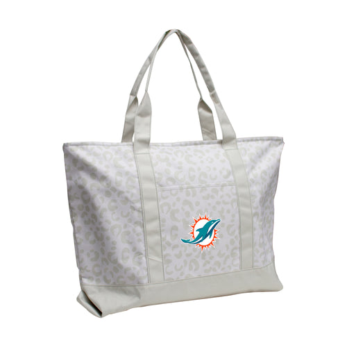 Leopard pattern tote bag featuring Miami Dolphins logo by Logo Brands, stylish and spacious for everyday use.