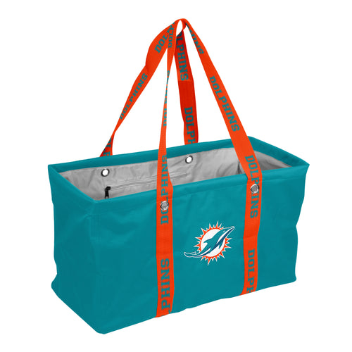 Miami Dolphins picnic caddy with adjustable strap, durable bag for outdoor meals, branded by Logo Brands.