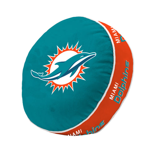 Miami Dolphins puff pillow featuring team logo, soft fabric, and vibrant colors, perfect for sports fan decor and comfort.