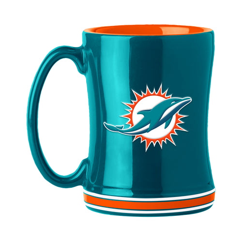 Miami Dolphins 14oz relief mug featuring team logo and vibrant colors, perfect for sports fans and coffee lovers.