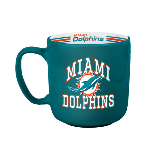 Miami Dolphins 15oz striped mug with team logo, durable ceramic drinkware for fans and everyday use.