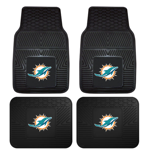 Miami Dolphins NFL vinyl car mat set with four auto mats featuring team logo and colors, designed for vehicle floor protection.