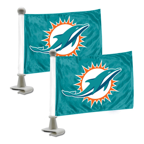 Miami Dolphins auto flag by Logo Brands featuring the NFL team logo and vibrant Dolphins colors on a durable flag for vehicles.