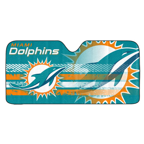 Miami Dolphins auto shade by Logo Brands, featuring team logo and design to block sunlight and keep car interior cool.