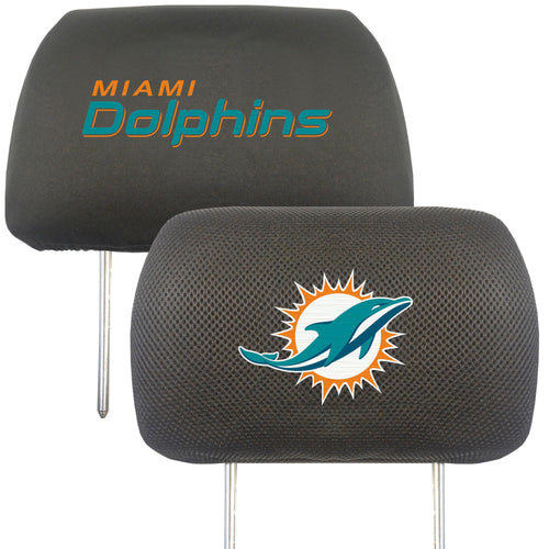 Miami Dolphins NFL auto headrest cover by Logo Brands featuring team logo and vibrant colors on a vehicle seat.