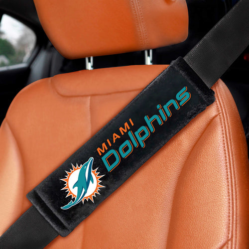 Pair of NFL Miami Dolphins embroidered auto seat belt pads by Logo Brands, featuring team logo and colorful design.