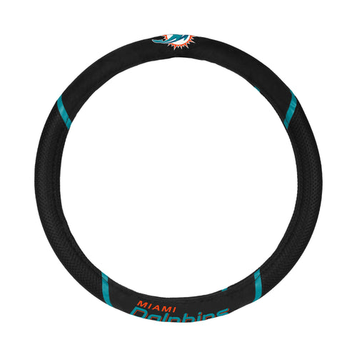 Miami Dolphins steering wheel cover by Logo Brands, featuring team logo and vibrant colors, designed for auto interior customization.