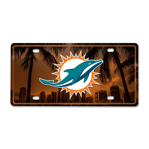 Miami Dolphins flat metal license plate featuring team logo and colors, perfect for NFL fans and vehicle decoration.