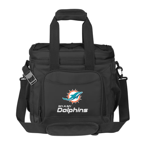 Miami Dolphins 24-can flexible cooler by Logo Brands, featuring team logo and black design, ideal for picnics and outdoor events.