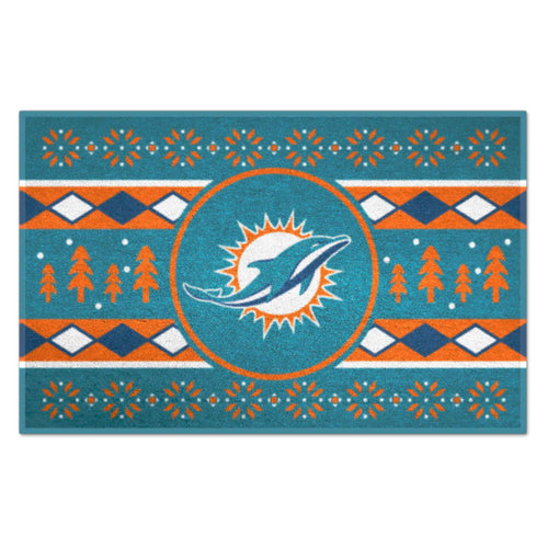 Miami Dolphins holiday sweater starter mat by Logo Brands featuring NFL team logo and festive design.