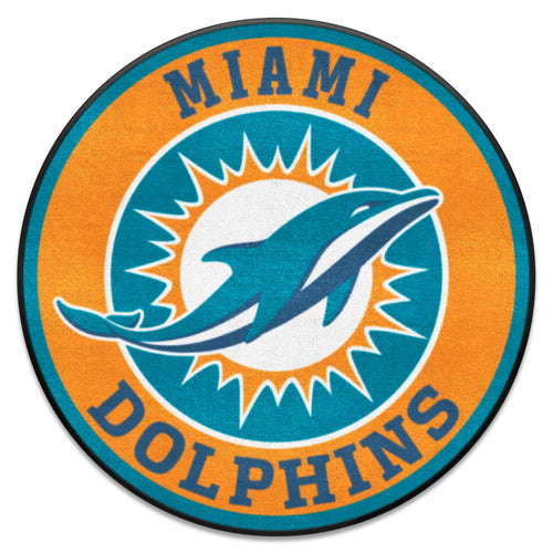 NFL Miami Dolphins roundel mat featuring Dolphins logo and team colors, perfect for game room or entryway decor.
