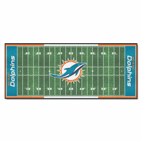 Miami Dolphins football field runner mat by Logo Brands, featuring team colors and logo, designed for sports-themed decor.