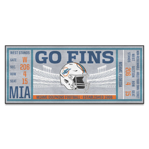 Miami Dolphins Ticket Runner mat by Logo Brands featuring team logo and vibrant colors, ideal for game day decor.