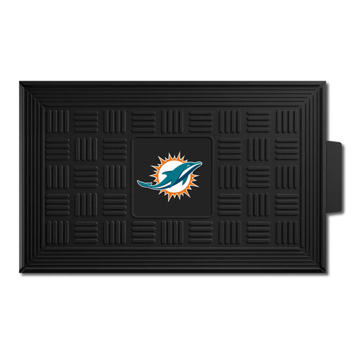 Miami Dolphins medallion door mat by Logo Brands featuring team logo and vibrant design, ideal for sports fans' entryways.