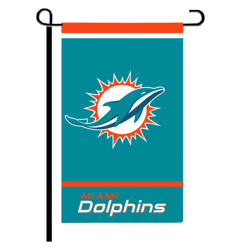 Miami Dolphins garden flag with team logo and colors, measuring 12x18 inches, ideal for outdoor sports fan decor.