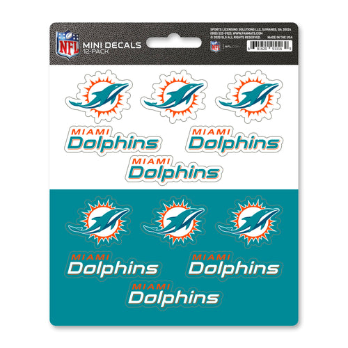 Set of 12 Miami Dolphins mini decals by Logo Brands featuring team logo designs on adhesive decals.