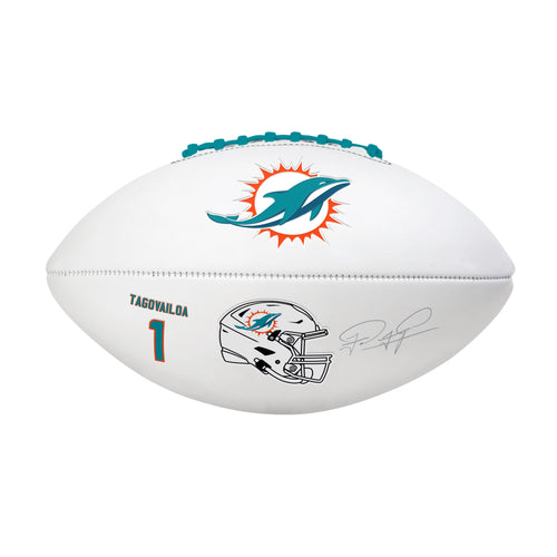 Full-size Miami Dolphins Tua Tagovailoa autograph football with logo branding, recreation football for fans and collectors.