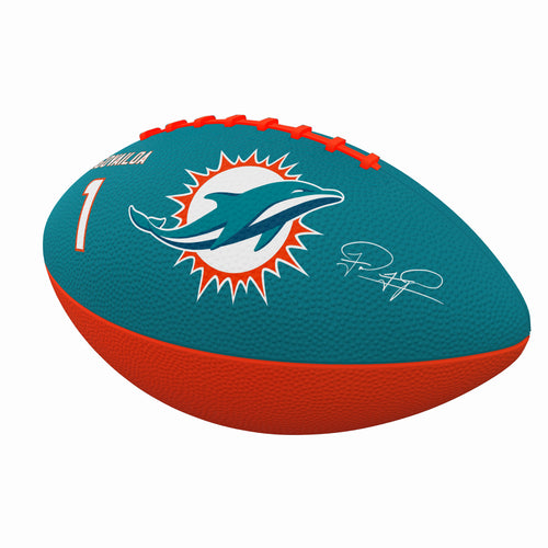 Junior size rubber football featuring Miami Dolphins Tua Tagovailoa logo, ideal for recreational play and fan collection.
