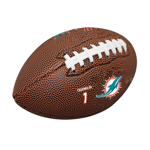 Mini Miami Dolphins Tua Tagovailoa composite football by Logo Brands, designed for recreation, featuring team logo and player details.
