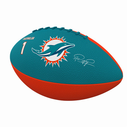 Mini size rubber football featuring Miami Dolphins Tua Tagovailoa logo, perfect for recreation and display.