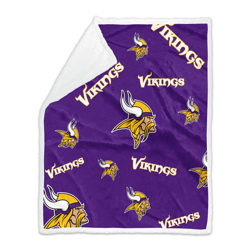 Minnesota Vikings 60x70 plush Sherpa throw blanket with repeating Vikings logo pattern, soft and cozy for fans.