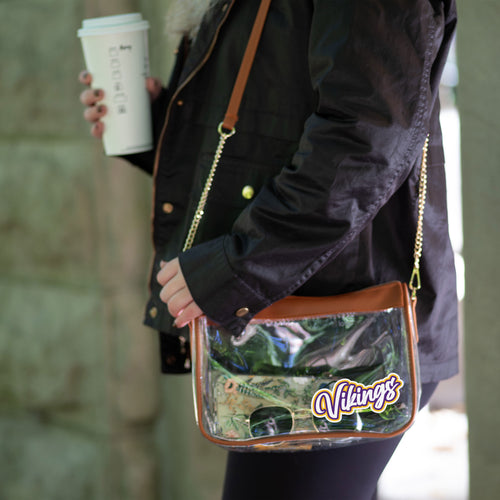 Minnesota Vikings Hype Clear Bag by Logo Brands, showing a transparent bag with Vikings logo and team colors.