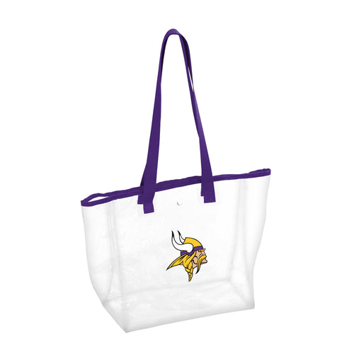 Clear tote bag featuring Minnesota Vikings logo and stadium design, perfect for game day or stadium security.