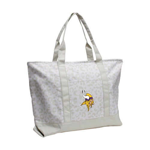 Minnesota Vikings leopard pattern tote bag by Logo Brands, featuring bold team logo and stylish leopard print design.