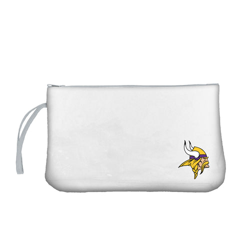Clear wristlet bag featuring Minnesota Vikings logo and branding, ideal for sporting events and fan accessories.