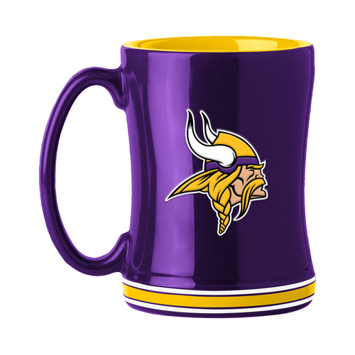 Minnesota Vikings 14oz relief mug showing team logo and vibrant purple design, perfect for football fans.