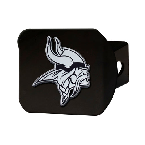 Minnesota Vikings chrome on black hitch cover featuring team logo, designed for vehicle trailer hitch accessories.