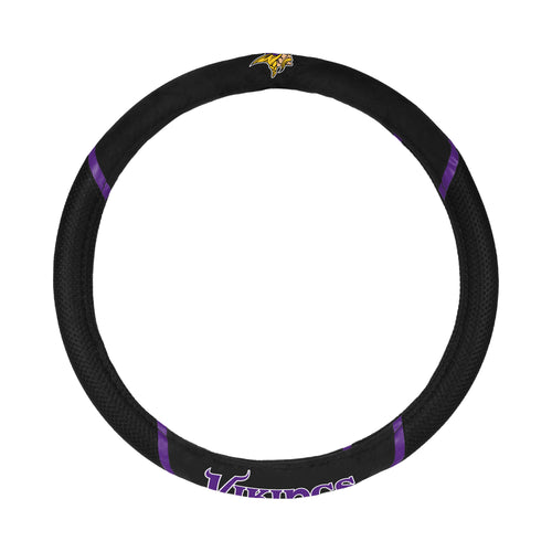 NFL Minnesota Vikings steering wheel cover by Logo Brands, featuring team logo and vibrant Vikings colors on a car accessory.